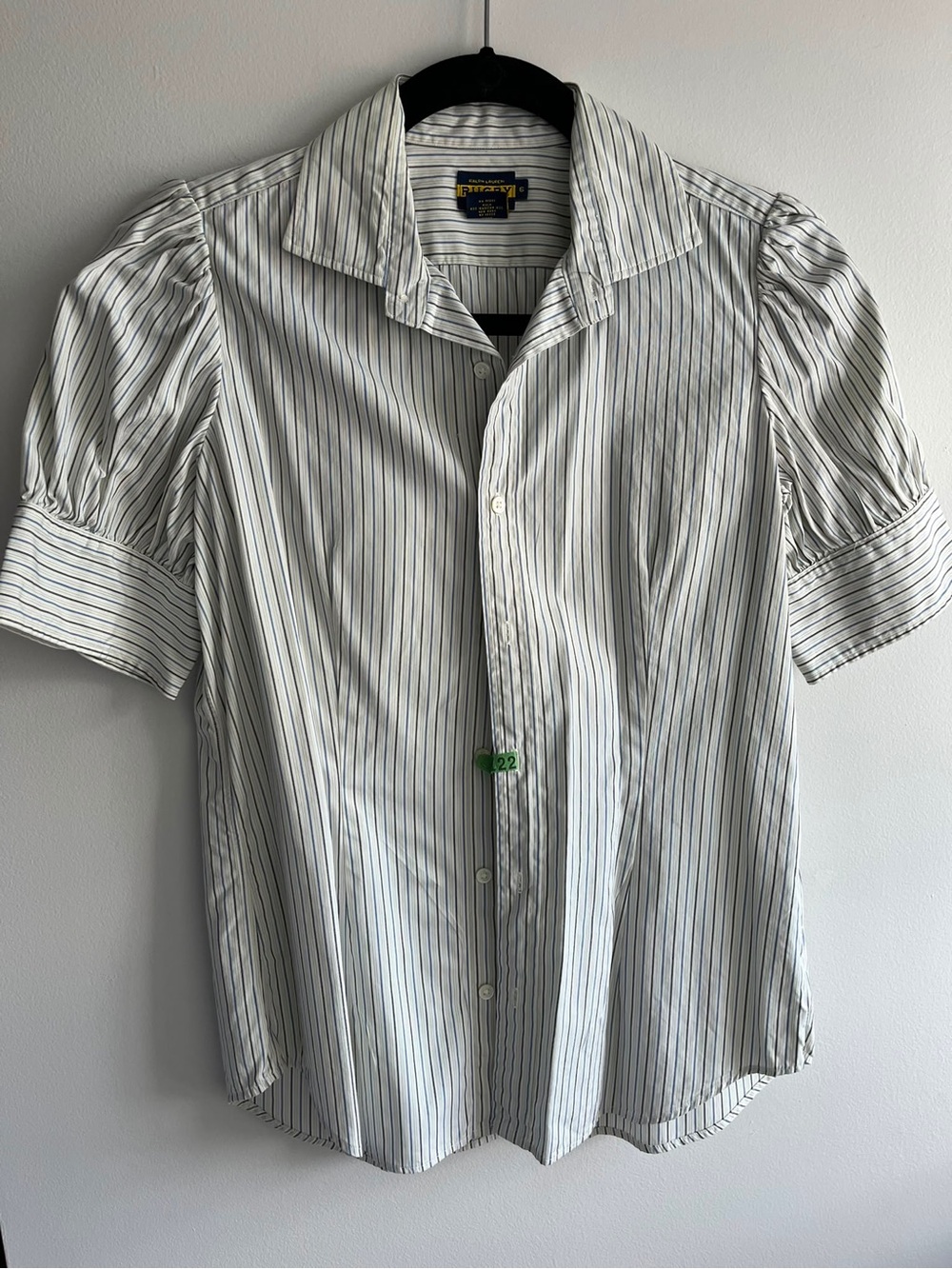 Ralph Lauren White Short-Sleeve Button-Down Shirt with Black Pinstripes